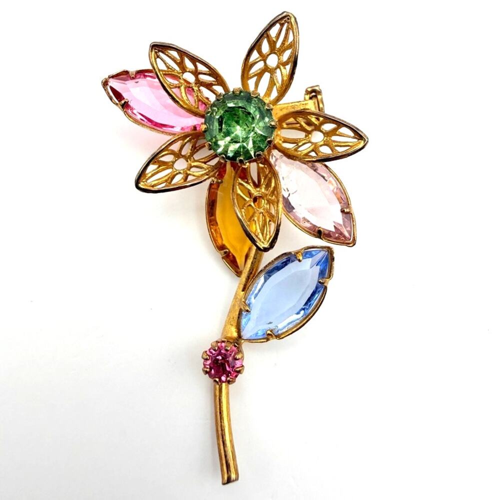 Vtg MCM 1960s Flower Stem Prong Set filigree Multi Color Pastel Brooch Gold Tone